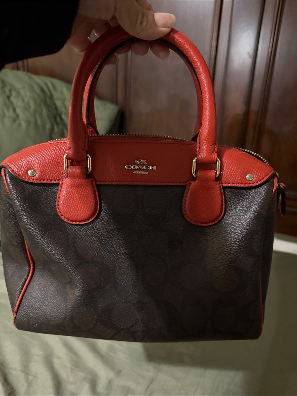 Coach Brown Signature Satchel with Red Trim and Handles - Picture 5 of 5
